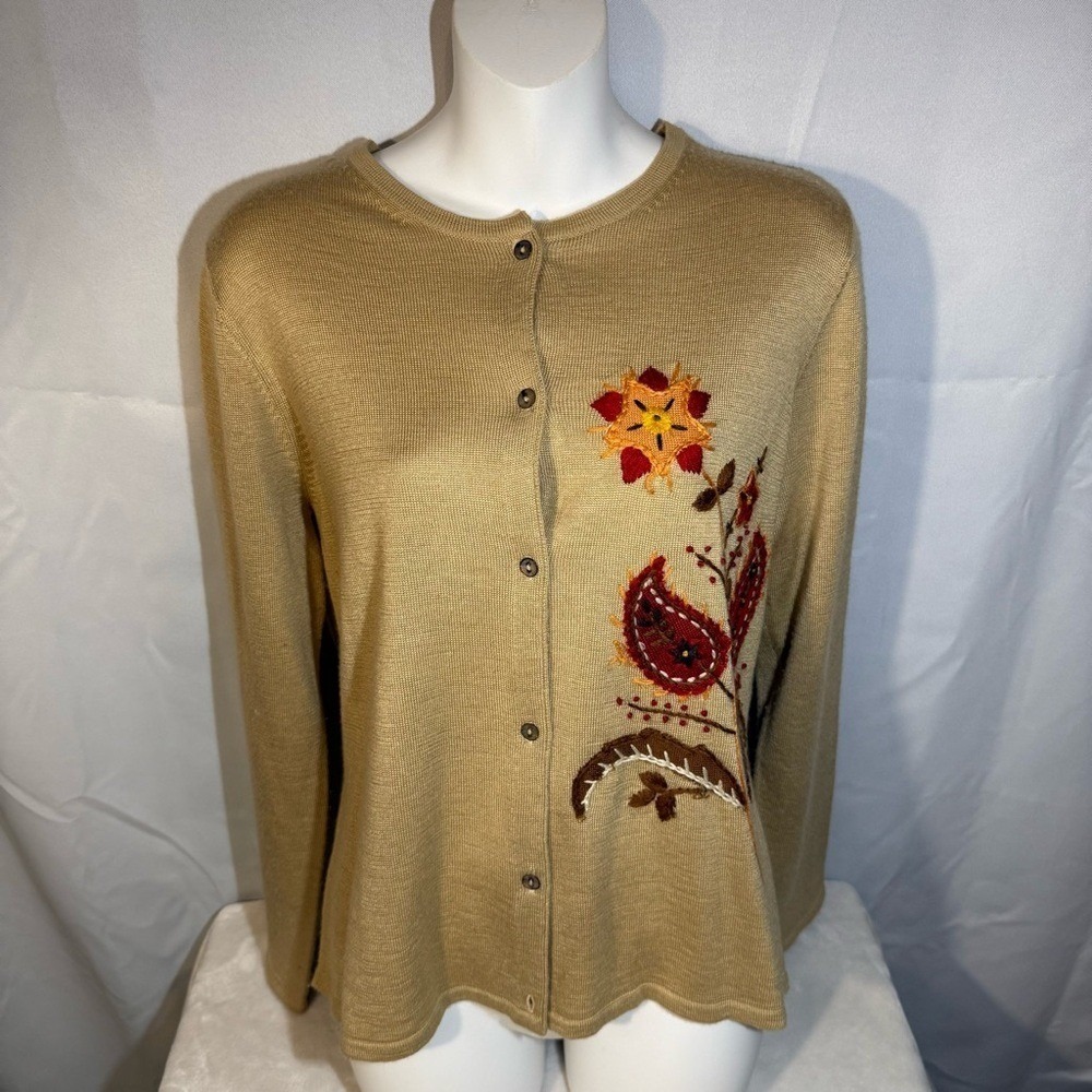 Bob Mackie Studio Embroidered Floral Cardigan Wool Blend Artsy Tan Sweater M